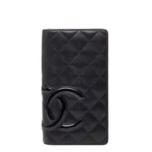 CHANEL Cambon Line Long Wallet Black Lambskin Women's